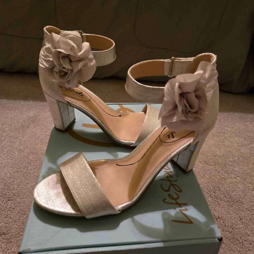 Life Stride Metallic Champagne Block Heel Sandals with Floral Accent